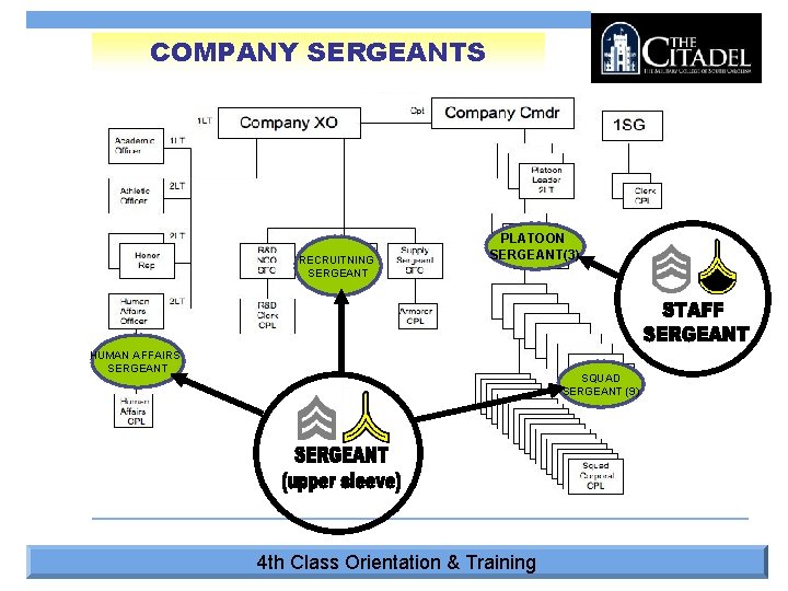 COMPANY SERGEANTS RECRUITNING SERGEANT PLATOON SERGEANT(3) HUMAN AFFAIRS SERGEANT SQUAD SERGEANT (9) 4 th