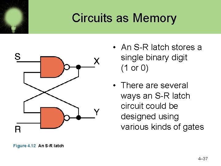 Circuits as Memory • An S-R latch stores a single binary digit (1 or