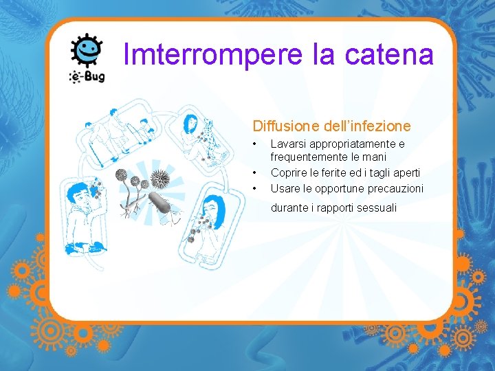 Imterrompere la catena Diffusione dell’infezione • • • Lavarsi appropriatamente e frequentemente le mani