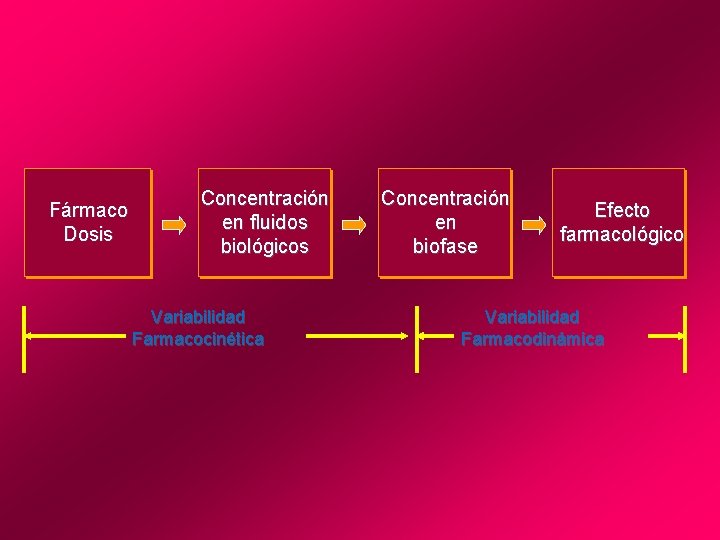 Fármaco Dosis Concentración en fluidos biológicos Variabilidad Farmacocinética Concentración en biofase Efecto farmacológico Variabilidad