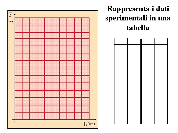 Rappresenta i dati sperimentali in una tabella F (grf) L (cm) 