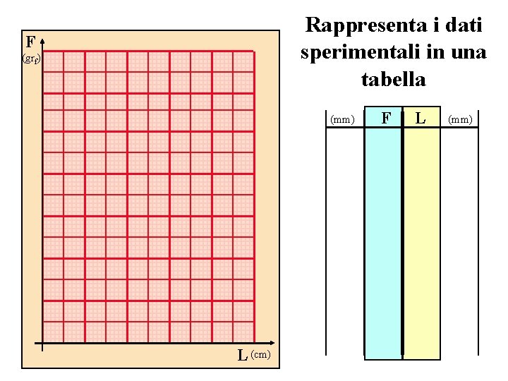 Rappresenta i dati sperimentali in una tabella F (grf) (mm) L (cm) F L