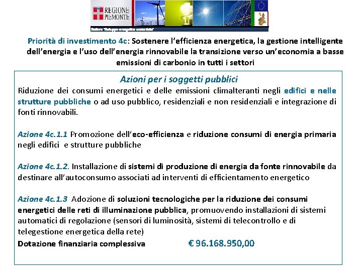 Priorità di investimento 4 c: Sostenere l’efficienza energetica, la gestione intelligente dell’energia e l’uso