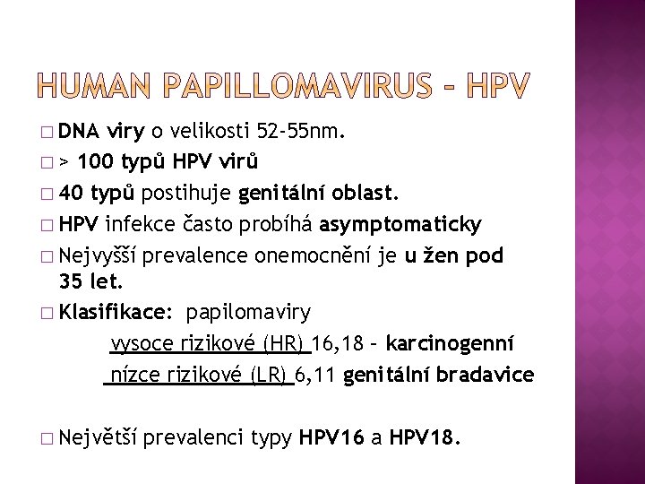 � DNA viry o velikosti 52 -55 nm. � > 100 typů HPV virů