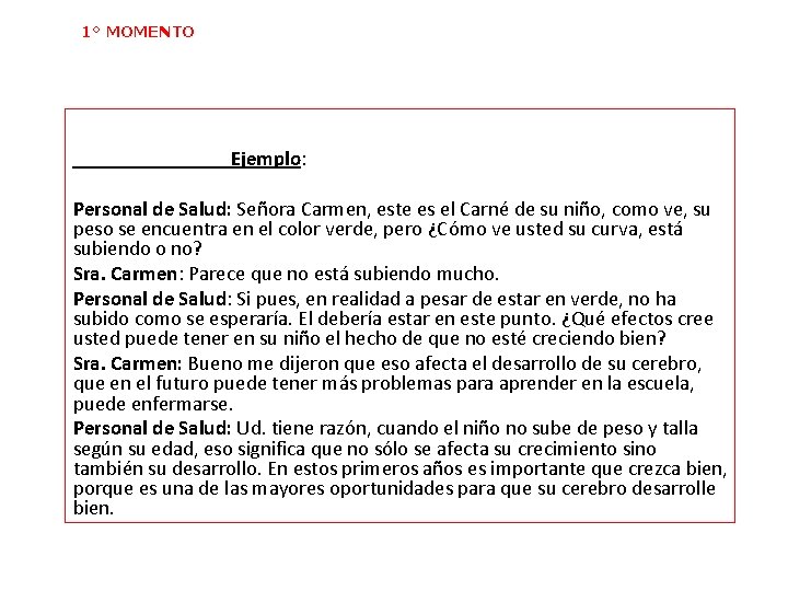 1° MOMENTO Ejemplo: Personal de Salud: Señora Carmen, este es el Carné de su