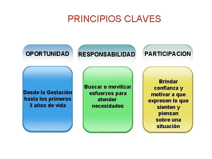 PRINCIPIOS CLAVES OPORTUNIDAD Desde la Gestación hasta los primeros 3 años de vida RESPONSABILIDAD