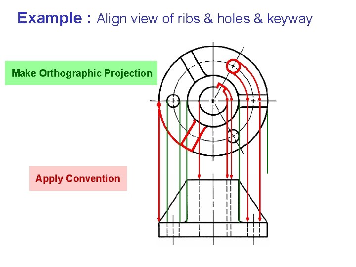 Example : Align view of ribs & holes & keyway Make Orthographic Projection Apply