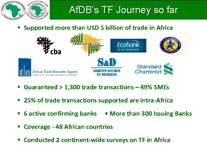 Af. DB’s TF Journey so far § Supported more than USD 5 billion of