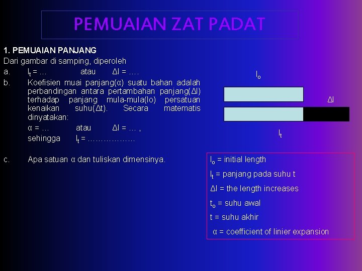 PEMUAIAN ZAT PADAT 1. PEMUAIAN PANJANG Dari gambar di samping, diperoleh a. lt =