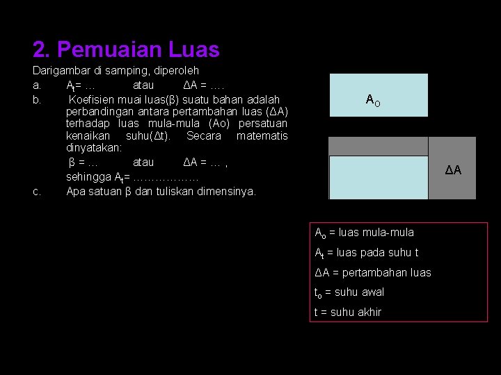 2. Pemuaian Luas. Darigambar di samping, diperoleh a. At= … atau ΔA = ….