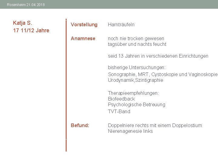 Rosenheim 21. 04. 2018 Katja S. 17 11/12 Jahre Vorstellung Harnträufeln Anamnese noch nie