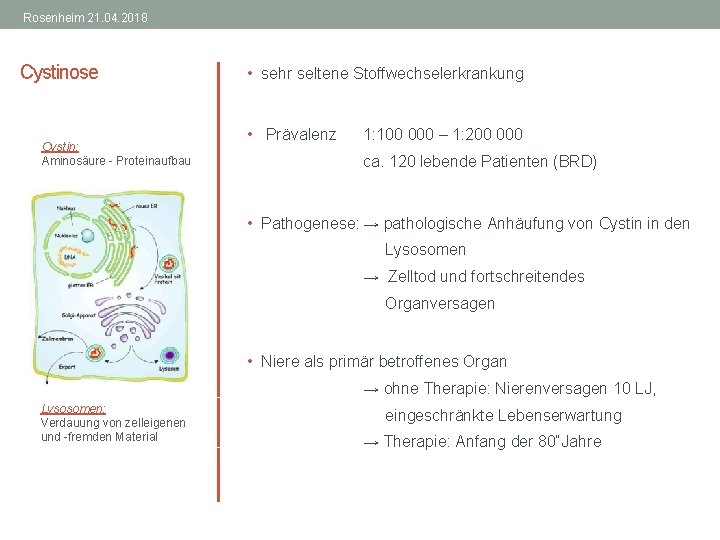 Rosenheim 21. 04. 2018 Cystinose Cystin: Aminosäure - Proteinaufbau • sehr seltene Stoffwechselerkrankung •