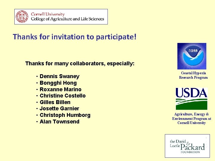 Thanks for invitation to participate! Thanks for many collaborators, especially: • Dennis Swaney •