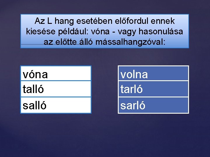 Az L hang esetében előfordul ennek kiesése például: vóna - vagy hasonulása az előtte