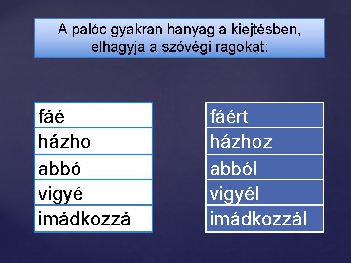 A palóc gyakran hanyag a kiejtésben, elhagyja a szóvégi ragokat: fáé házho abbó vigyé