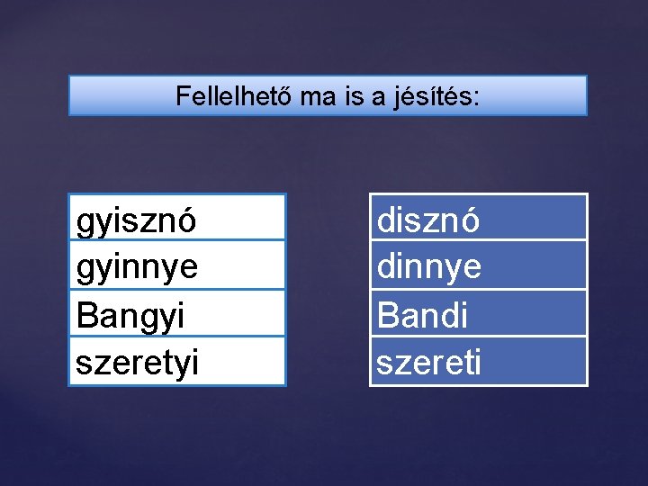 Fellelhető ma is a jésítés: gyisznó gyinnye Bangyi szeretyi disznó dinnye Bandi szereti 