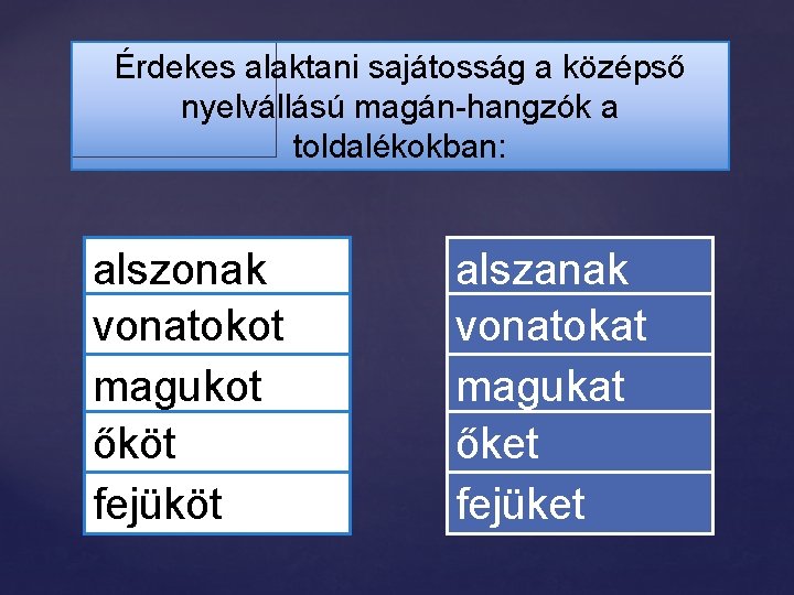 Érdekes alaktani sajátosság a középső nyelvállású magán-hangzók a toldalékokban: alszonak vonatokot magukot őköt fejüköt