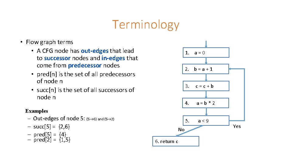 Terminology • Flow graph terms • A CFG node has out-edges that lead to