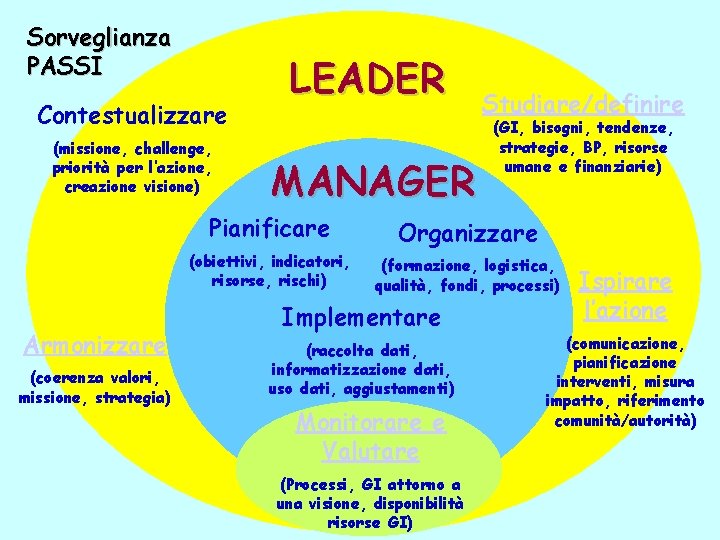 Sorveglianza PASSI Contestualizzare (missione, challenge, priorità per l’azione, creazione visione) Armonizzare (coerenza valori, missione,