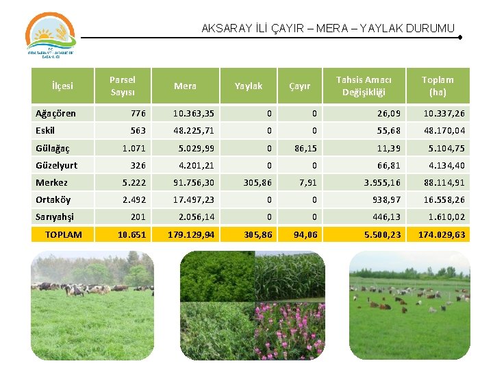 AKSARAY İLİ ÇAYIR – MERA – YAYLAK DURUMU İlçesi Parsel Sayısı Mera Yaylak Tahsis AKSARAY İLİ ÇAYIR – MERA – YAYLAK DURUMU İlçesi Parsel Sayısı Mera Yaylak Tahsis