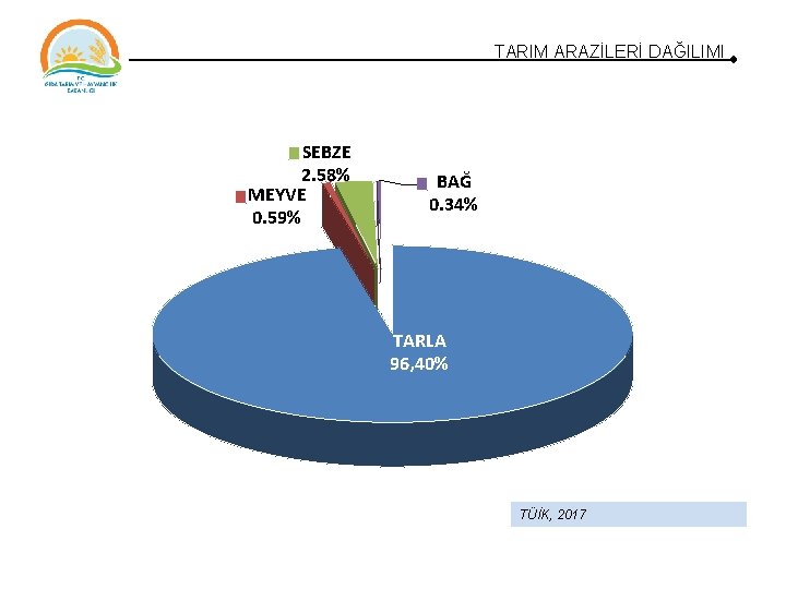 TARIM ARAZİLERİ DAĞILIMI SEBZE 2. 58% MEYVE 0. 59% BAĞ 0. 34% TARLA 96, TARIM ARAZİLERİ DAĞILIMI SEBZE 2. 58% MEYVE 0. 59% BAĞ 0. 34% TARLA 96,