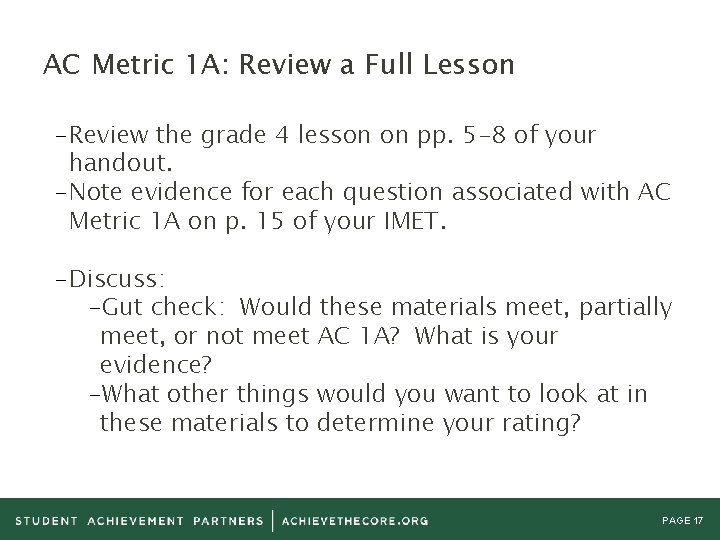AC Metric 1 A: Review a Full Lesson - Review the grade 4 lesson