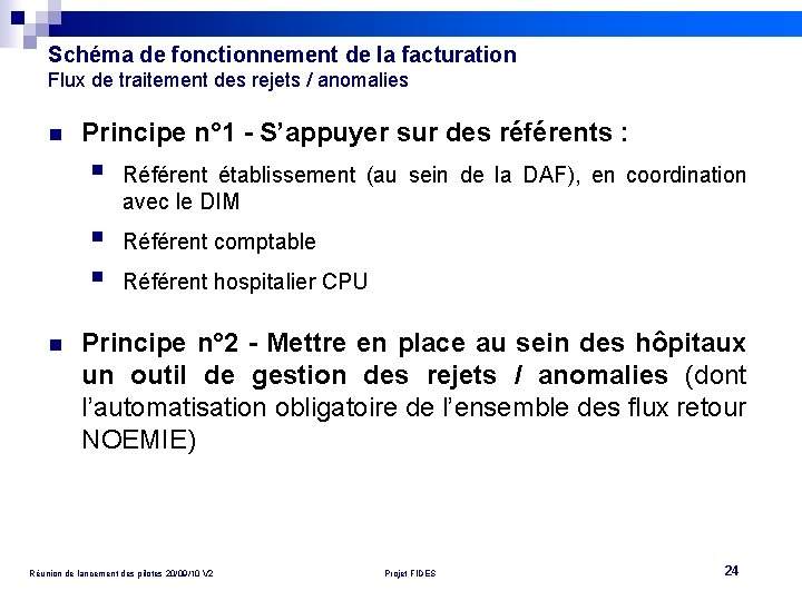 Schéma de fonctionnement de la facturation Flux de traitement des rejets / anomalies n