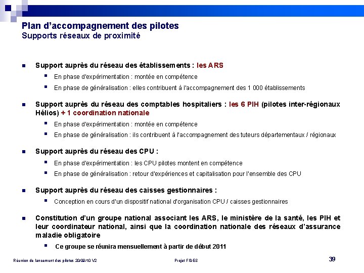 Plan d’accompagnement des pilotes Supports réseaux de proximité n Support auprès du réseau des