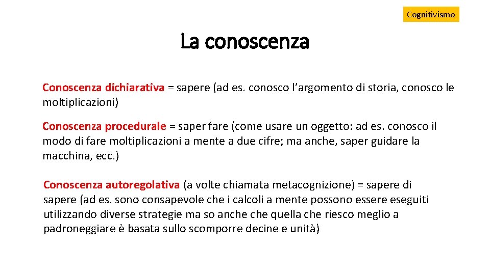 Cognitivismo La conoscenza Conoscenza dichiarativa = sapere (ad es. conosco l’argomento di storia, conosco