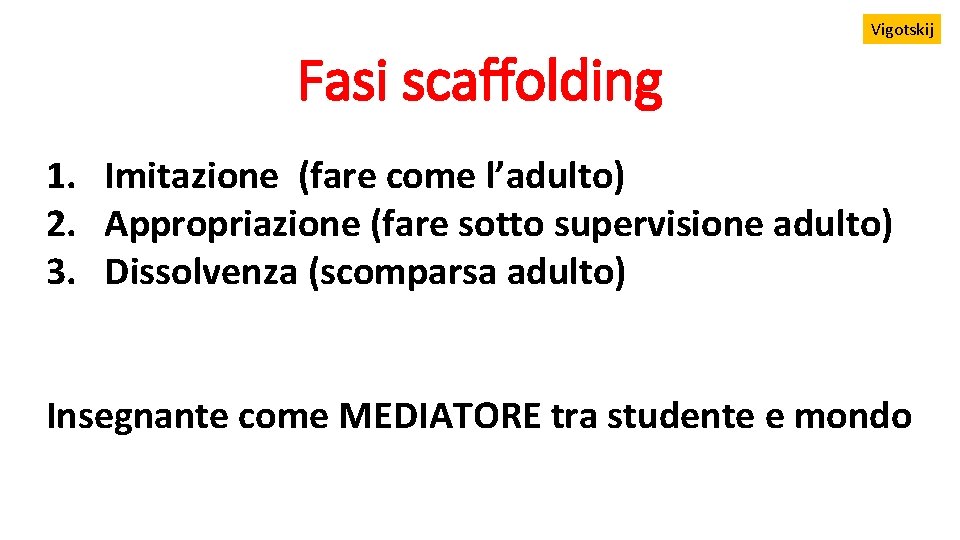 Vigotskij Fasi scaffolding 1. Imitazione (fare come l’adulto) 2. Appropriazione (fare sotto supervisione adulto)