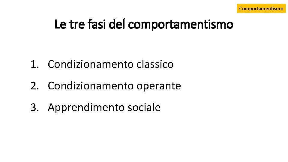 Comportamentismo Le tre fasi del comportamentismo 1. Condizionamento classico 2. Condizionamento operante 3. Apprendimento