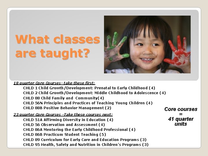 What classes are taught? 18 quarter Core Courses- take these first: CHLD 1 Child What classes are taught? 18 quarter Core Courses- take these first: CHLD 1 Child