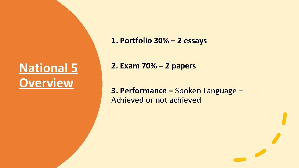 1. Portfolio 30% – 2 essays National 5 Overview 2. Exam 70% – 2