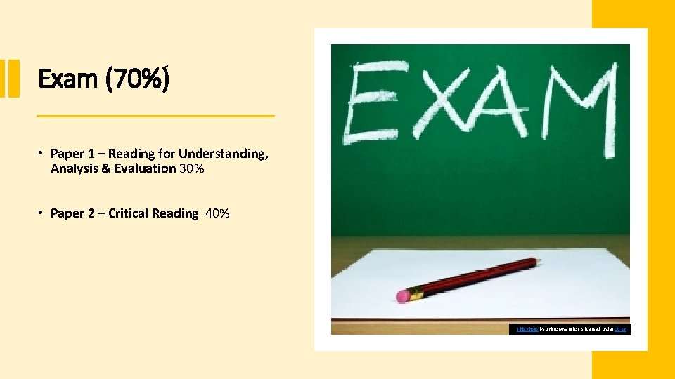 Exam (70%) • Paper 1 – Reading for Understanding, Analysis & Evaluation 30% •