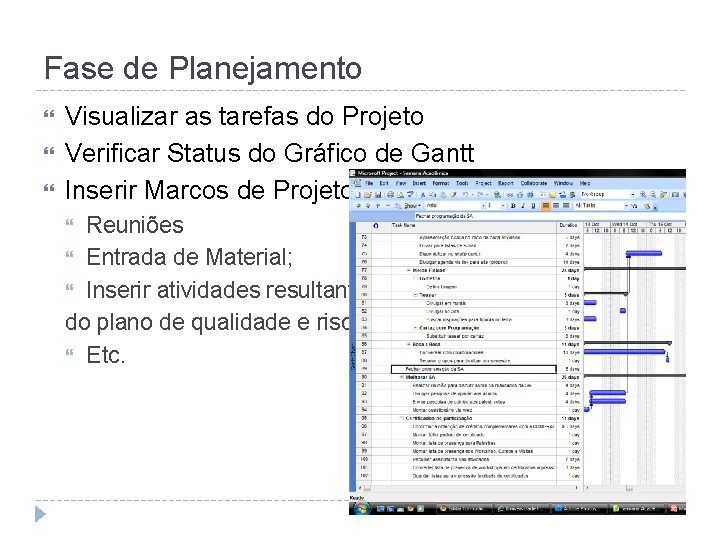 Fase de Planejamento Visualizar as tarefas do Projeto Verificar Status do Gráfico de Gantt