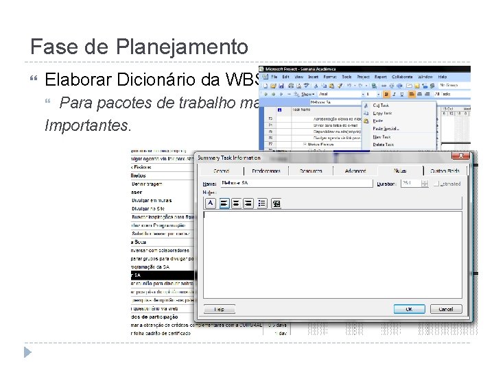 Fase de Planejamento Elaborar Dicionário da WBS Para pacotes de trabalho mais Importantes. 