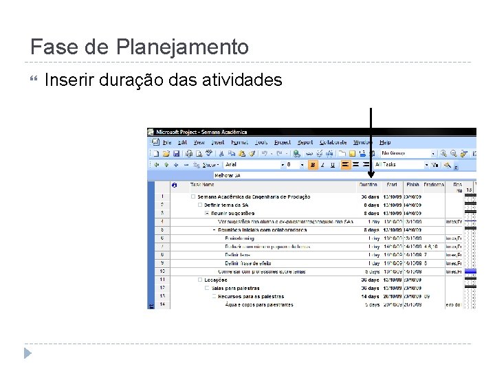 Fase de Planejamento Inserir duração das atividades 