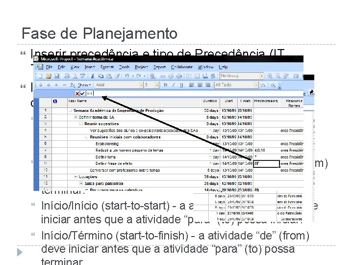 Fase de Planejamento Inserir precedência e tipo de Precedência (IT, TI, II, TT) Isso