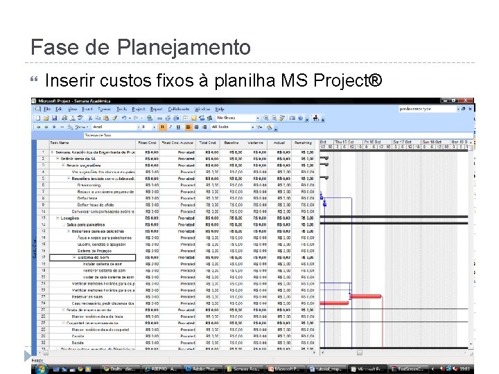 Fase de Planejamento Inserir custos fixos à planilha MS Project® 