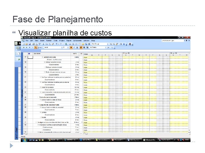 Fase de Planejamento Visualizar planilha de custos 