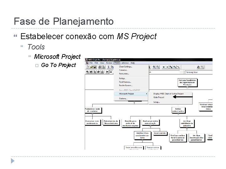 Fase de Planejamento Estabelecer conexão com MS Project Tools Microsoft Project Go To Project