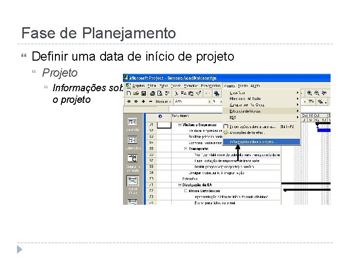 Fase de Planejamento Definir uma data de início de projeto Projeto Informações sobre o