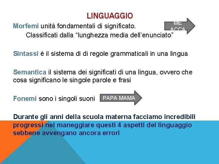 LINGUAGGIO ME Morfemi unità fondamentali di significato. ACCA Classificati dalla “lunghezza media dell’enunciato” Sintassi