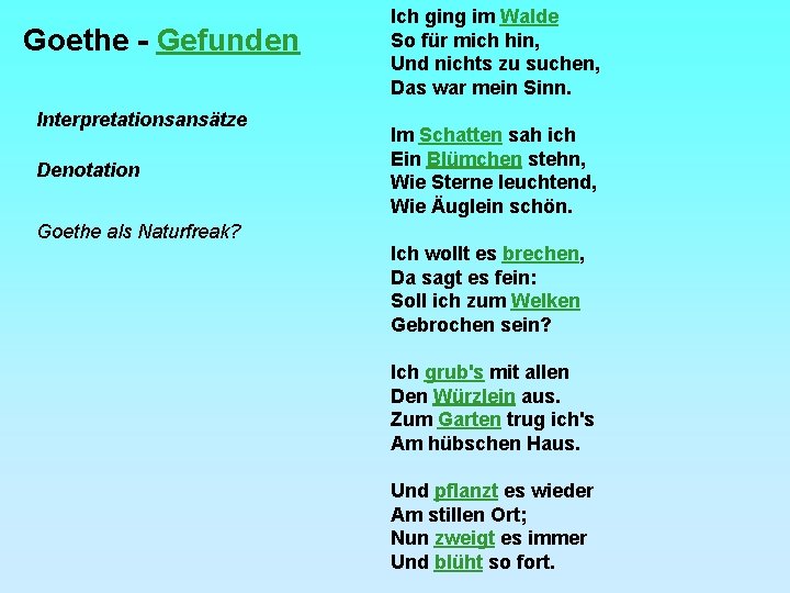 Goethe - Gefunden Interpretationsansätze Denotation Goethe als Naturfreak? Ich ging im Walde So für