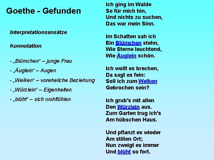 Goethe - Gefunden Interpretationsansätze Konnotation - „Blümchen“ – junge Frau - „Äuglein“ – Augen