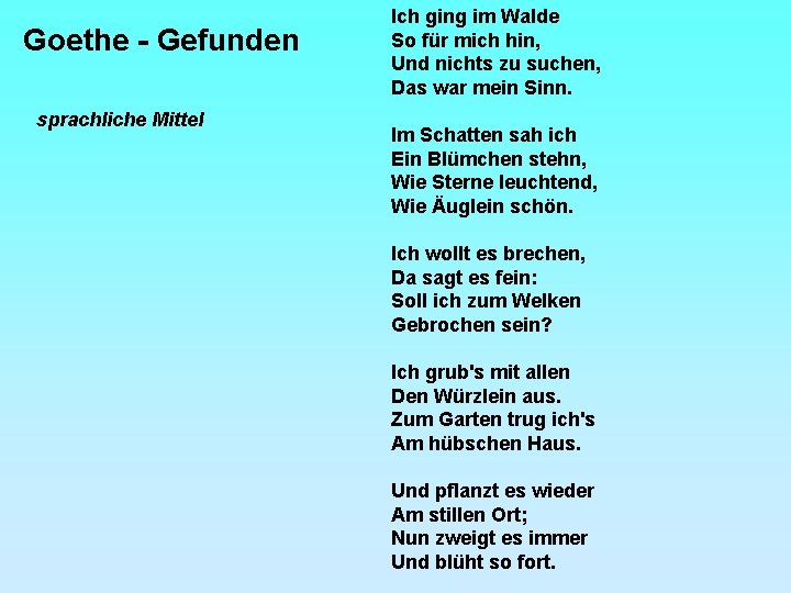 Goethe - Gefunden sprachliche Mittel Ich ging im Walde So für mich hin, Und