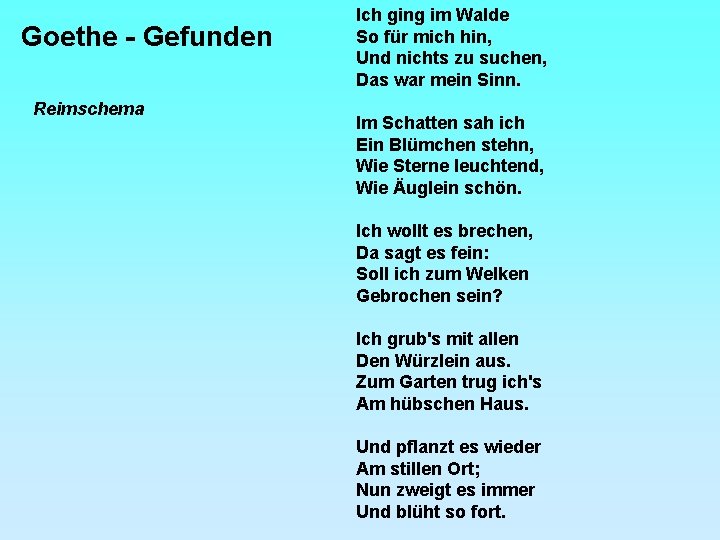 Goethe - Gefunden Reimschema Ich ging im Walde So für mich hin, Und nichts