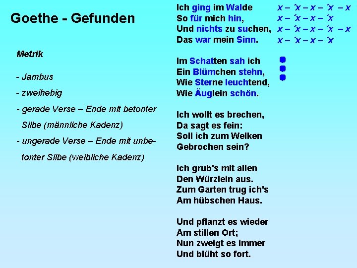 Goethe - Gefunden Metrik - Jambus - zweihebig - gerade Verse – Ende mit