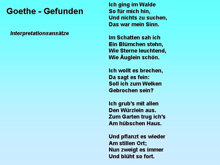 Goethe - Gefunden Interpretationsansätze Ich ging im Walde So für mich hin, Und nichts