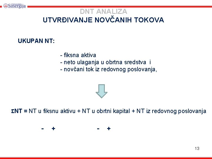 DNT ANALIZA UTVRĐIVANJE NOVČANIH TOKOVA UKUPAN NT: - fiksna aktiva - neto ulaganja u